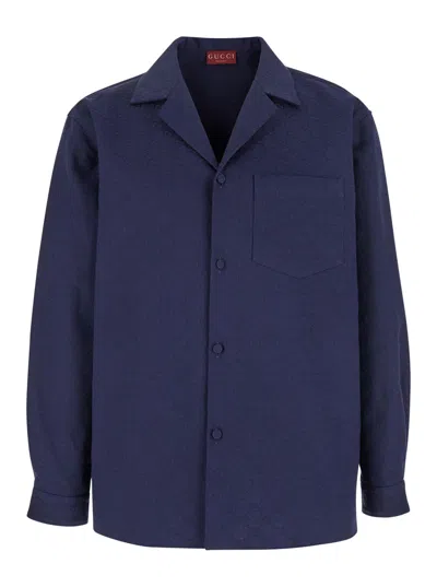 Gucci Dark Blue Shirt With All-over Gg Motif In Cotton Man In Multicolor