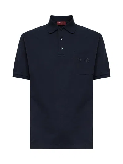Gucci Men Dark Blue Stretch Cotton Pique Embroidered Polo Shirt In Black
