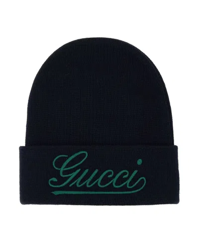 Gucci Dark Blue Wool Beanie Hat In Black
