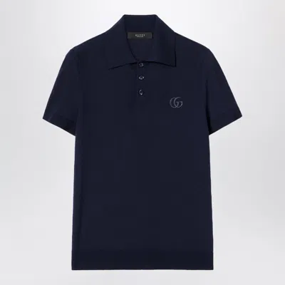 Gucci Dark Blue Wool Knit Polo With Gg Embroidery