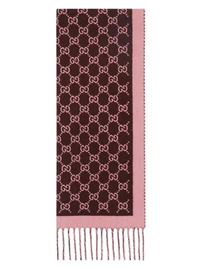 Gucci Dark Brown And Pink Gg Wool Fringe Scarf W34cm X L194cm For Women In Marrone