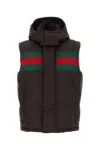 Gucci Dark Brown Gg Polyester Blend Sleeveless Down Jacket In Browngreenred