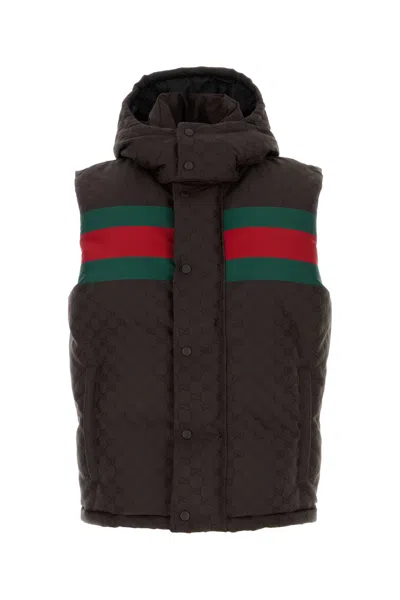 GUCCI DARK BROWN GG POLYESTER BLEND SLEEVELESS DOWN JACKET