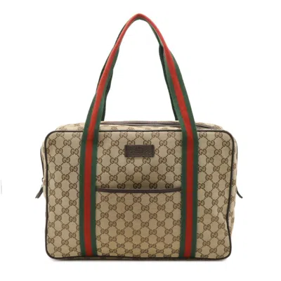 Pre-owned Gucci Dark Brown Green Red Color Canvas Leather Shoulder Bag Tote Bag ()