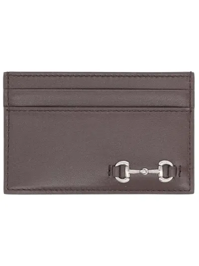 Gucci Dark Brown Leather Card Holder In Pink
