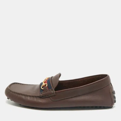 Pre-owned Gucci Dark Brown Leather Gg Horsebit Web Detail Slip On Loafers Size 42