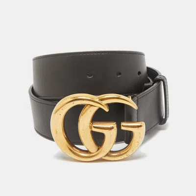 Pre-owned Gucci Dark Brown Leather Gg Marmont Buckle Belt 80cm