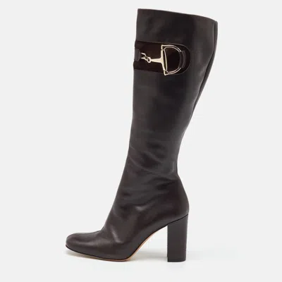 Pre-owned Gucci Dark Brown Leather Horsebit Knee Length Boots Size 36
