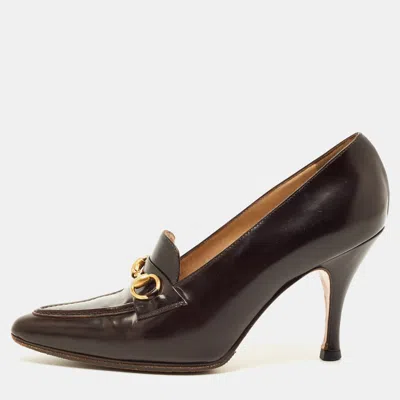Pre-owned Gucci Dark Brown Leather Horsebit Pointed Toe Loafer Pumps Size 36