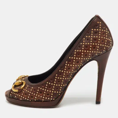 Pre-owned Gucci Dark Brown Leather New Hollywood Studded Horsebit Peep Toe Pumps Size 35
