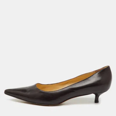 Pre-owned Gucci Dark Brown Leather Pointed Toe Kitten Heel Pumps Size 39.5