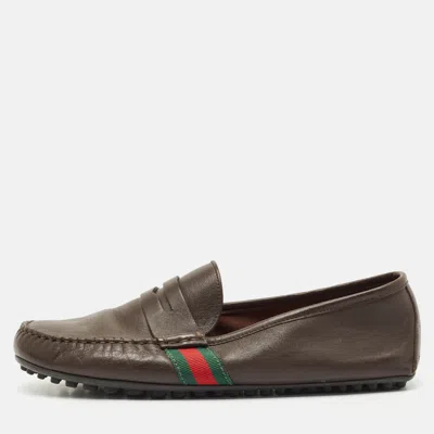 Pre-owned Gucci Dark Brown Leather Web Detail Slip On Loafers Size 42.5