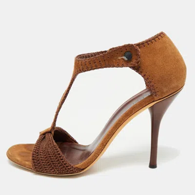 Pre-owned Gucci Dark Brown Suede And Knit Fabric T-strap Sandals Size 39.5