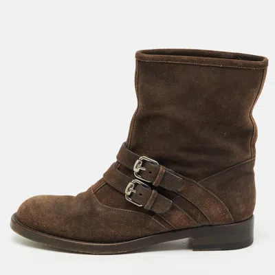 Pre-owned Gucci Dark Brown Suede Buckle Detail Ankle Length Boots Size 38.5