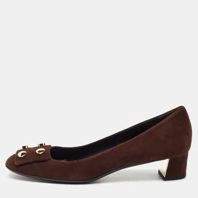 Pre-owned Gucci Dark Brown Suede Rivet Block Heel Pumps Size 39.5