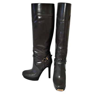 Pre-owned Gucci Dark Gray Leather Platform Boots Sz 6