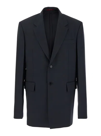 Gucci Men Dark Grey Jacket With Chest Pocket And Embossed Logo In Wool Gabardine Man In Blue