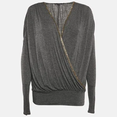 Pre-owned Gucci Dark Grey Jersey Sequin Detail Neck Full Sleeve Top L