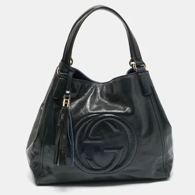 Pre-owned Gucci Dark Grey Patent Leather Medium Soho Tote In Gray
