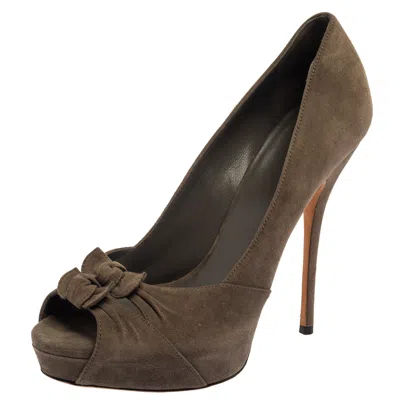 Pre-owned Gucci Dark Grey Suede Bow Peep Toe Pumps Size 39