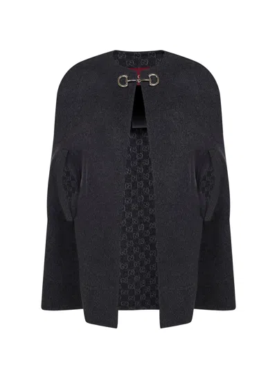 Gucci Women Black Cape With Clamp Closure On The Front And Internal Gg Motif In Wool And Silk Woman In Gray
