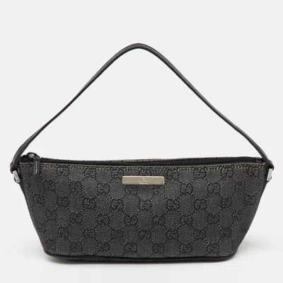 Pre-owned Gucci Dark Grey/black Gg Canvas And Leather Boat Pochette In Gray