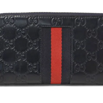 Pre-owned Gucci Dark Navy Red Color Leather Long Wallet (bi-fold) ()