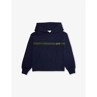 Gucci Kids' Dark Night Sky/mix Horsebit Relaxed-fit Cotton-jersey Hoodie 4-12 In Blue