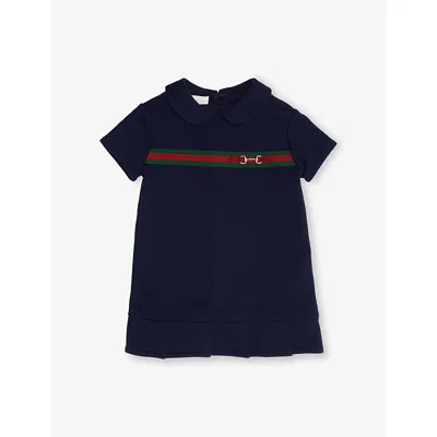 Gucci Kids' Dark Night Sky/mix Logo-embellished Collared Cotton Dress 6-36 In Blue