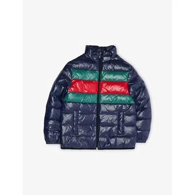 Gucci Kids' Dark Ocean Blue/mc Web-stripe Shell-down Puffer Jacket 6-12