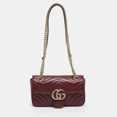 Pre-owned Gucci Dark Red Matelassé Leather Mini Gg Marmont Shoulder Bag