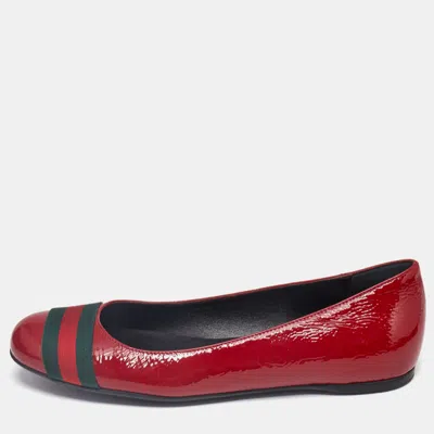 Pre-owned Gucci Dark Red Patent Leather Web Ballet Flats Size 37