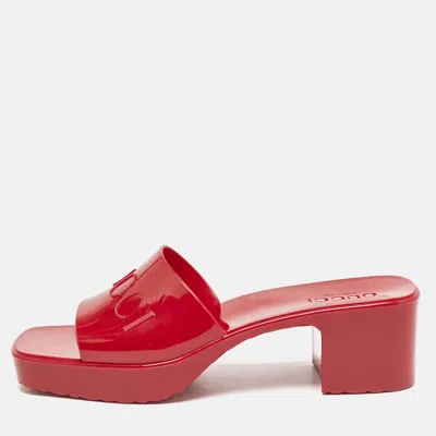 Pre-owned Gucci Dark Red Rubber Block Heel Slide Sandals Size 40