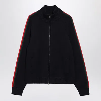 Gucci Dark Blue Wool Zip-up Cardigan In Black