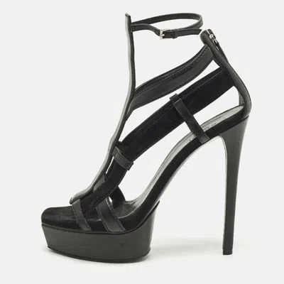 Pre-owned Gucci Daryl Size 36.5 Black Leather And Suede Platform Ankle Strap Sandals