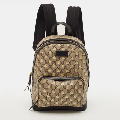 Pre-owned Gucci Day Bees Small Black/beige Gg Supreme Canvas And Leather Backpack