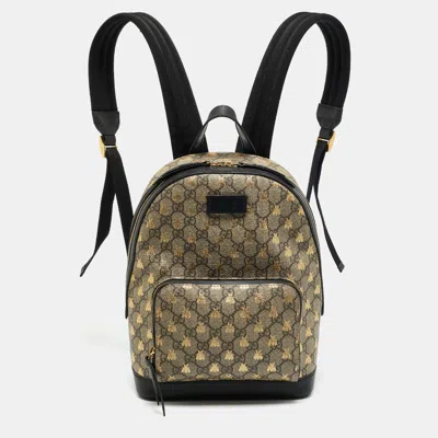 Pre-owned Gucci Day Bees Small Black/beige Gg Supreme Canvas And Leather Backpack