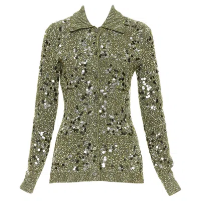 Pre-owned Gucci De Sarno Dark Green Boucle Knit Multi Pailettes Cardigan S
