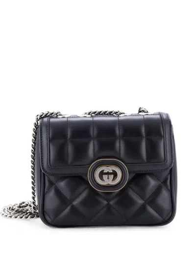 Pre-owned Gucci Deco Chain Flap Bag Mixed Matelasse Leather Mini Crossbody Bag In Black