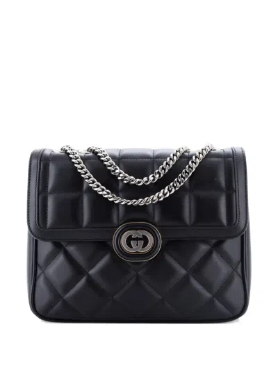 Pre-owned Gucci Deco Chain Flap Bag Mixed Matelasse Leather Small Shoulder Bag In Black