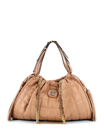 Pre-owned Gucci Deco Matelasse Leather Medium Tote Bag In Neutral