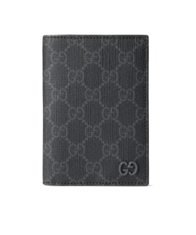 Gucci Black Card Holder With All-over Gg Motif And Logo On The Front In Fabric Man