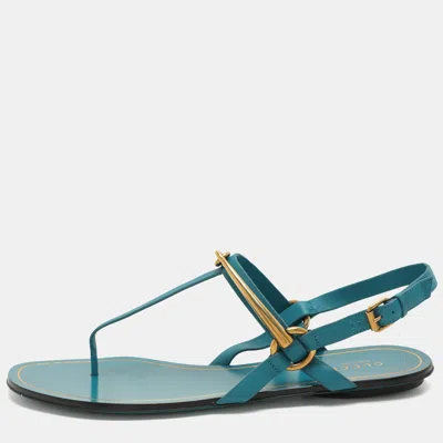 Pre-owned Gucci Deep Cobalt Leather Thong Ankle Strap Flat Sandals Size 40 In Blue