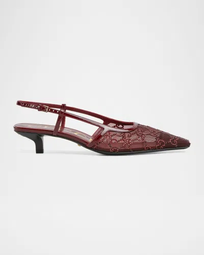 Gucci Demi Crystal Mesh Slingback Pumps In Burgundy