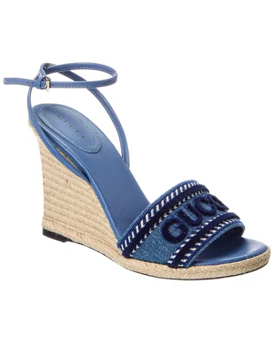 Gucci Denim & Leather Wedge Sandal In White