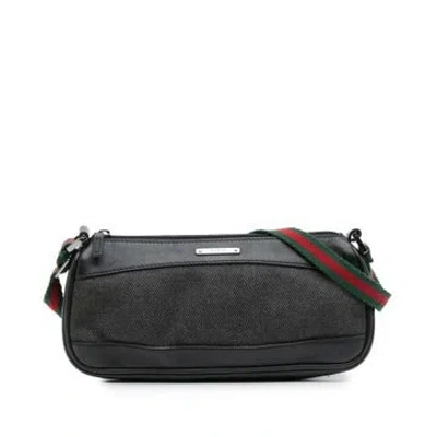 Pre-owned Gucci Denim Denim Web Shoulder Bag In Black