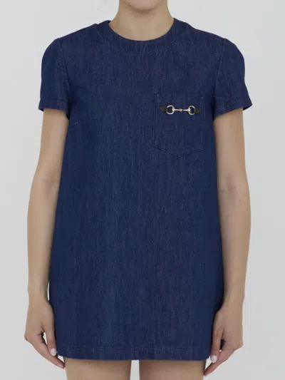 Gucci Denim Dress With Horsebit In Light Blue