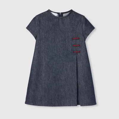 Gucci Kids' Web Stripe Pleated Denim Dress In Blue