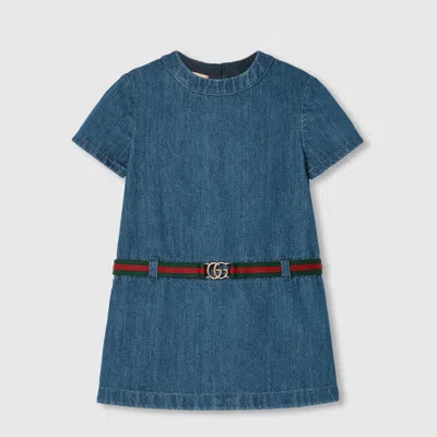 Gucci Kids' Denim Dress With Web In Blue