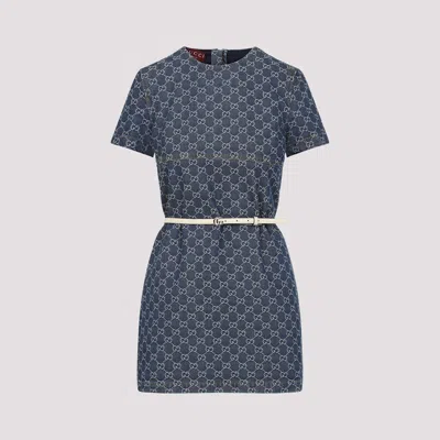 Gucci Gg Jacquard Denim Mini Dress In Blue